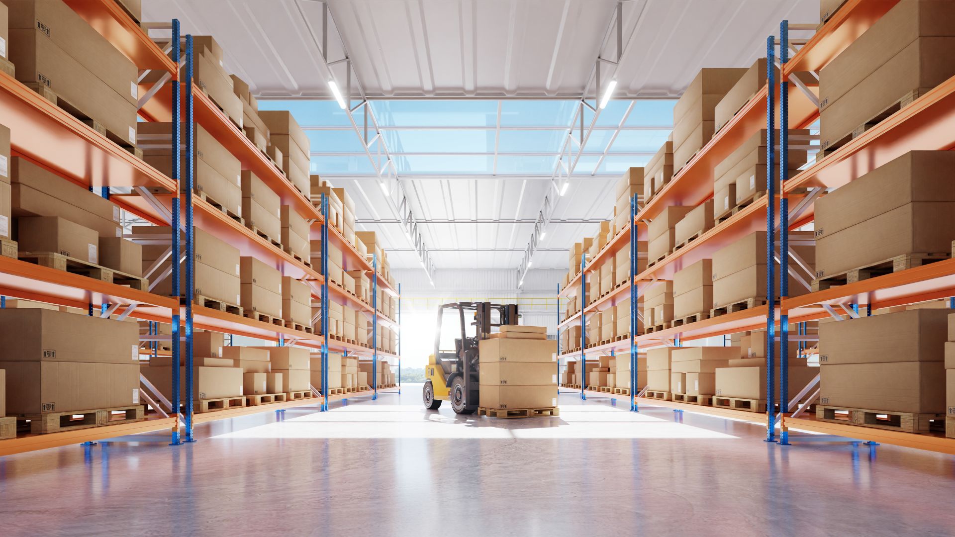 Industrial warehouse interior logistics forklift and cargo racks